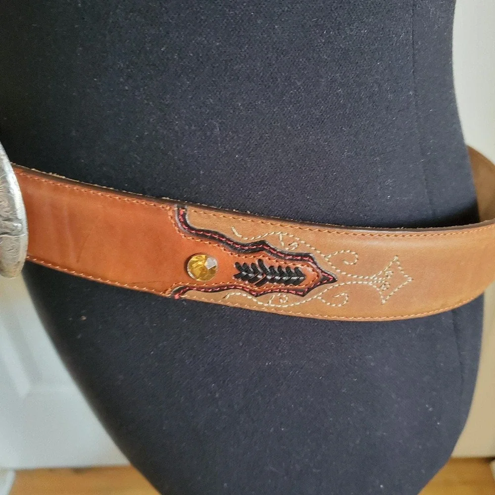 Tony Lama Brown Leather Belt 36 Topaz Crystal Stud Western Overlay Stitched Boho